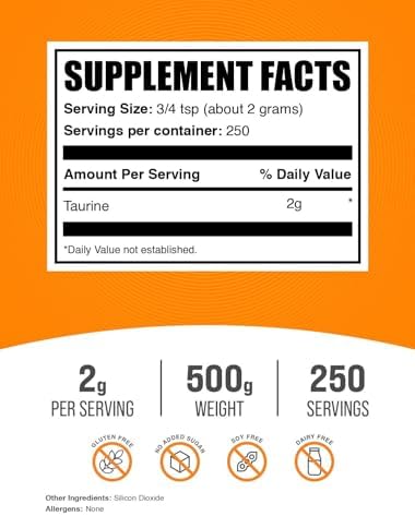 BulkSupplements.com Taurine Powder - Taurine Supplement, Amino Acid Supplement for Energy - Unflavored & Gluten Free, 2g per Serving, 500g (1.1 lbs) (Pack of 1)