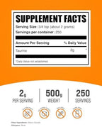 BulkSupplements.com Taurine Powder - Taurine Supplement, Amino Acid Supplement for Energy - Unflavored & Gluten Free, 2g per Serving, 500g (1.1 lbs) (Pack of 1)