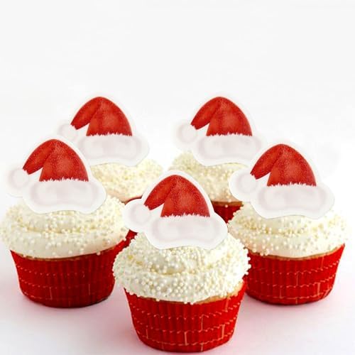 Ercadio 40 Pcs Edible Red Christmas Hat Cupcake Toppers Santa Claus Hat Cupcake Drink Topper Picks for Eve Xmas Holiday Christmas New Year Holiday Party Cake Decorations Supplies