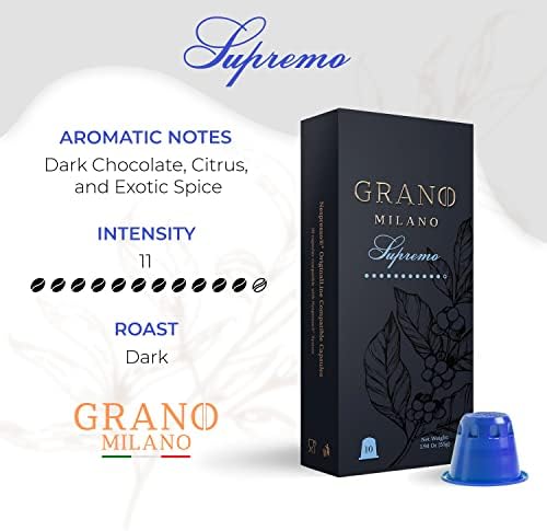 Grano Milano Supremo - 50 Espresso Pods Compatible with Nespresso Original line, Dark Roast - Intensity 11/12, Coffee Capsules Made in Italy Espresso Coffee