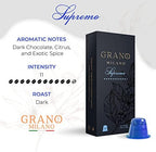 Grano Milano Supremo - 50 Espresso Pods Compatible with Nespresso Original line, Dark Roast - Intensity 11/12, Coffee Capsules Made in Italy Espresso Coffee