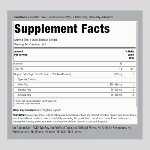 Piping Rock Olive Oil Softgel Capsules | 1000mg | 240 Pills | Organic Extra Virgin Cold Pressed Supplement | Non-GMO, Gluten Free Formula