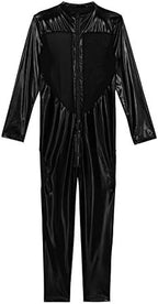inlzdz Men's Wet Look PVC Leather Mesh Splice Full Bodysuit Catsuit Halloween Cosplay Zentai Costume