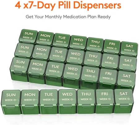 Lifewit Monthly Pill Organizer, 28 Day Pill Box, 4 Weeks One Month Vitamin Cases, Large Compartments Medicine Organizer for Fish Oils, Supplements, 28 Grids, Green