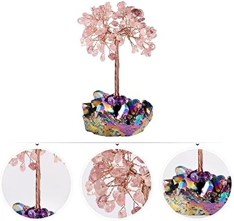 SUNYIK Natural Strawberry Quartz Money Tree, Rainbow Aura Titanium Crystal Cluster Base Bonsai Sculpture Figurine 4.5-5.7 Inches