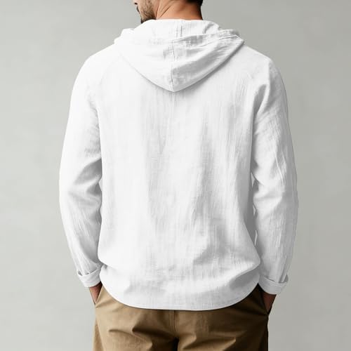 Mens Linen Shirts Long Sleeve Henley Casual Lightweight Cotton Hoodie Top Summer Fashion Loose Beach Vacation Clothes