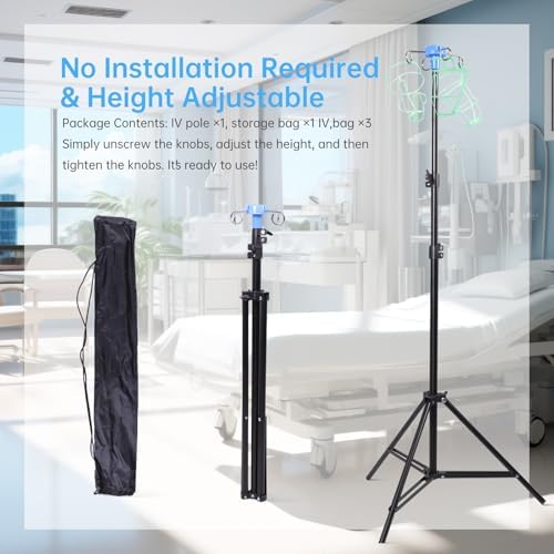 Foldable IV Pole with Portable Bag, Collapsible IV Pole Stand with 3 Nets for Drip Bag, Tripod IV Pole Stand Adjustable, 4 Hooks for Nursing Clinic Home Care Travel, Stable, Black, 1 Pcs