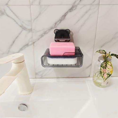 Suction Cup soap Holder Shower Dish with Drainage Holes, No Drill Wall Mounted for Bathroom Shower, Kitchen Sink Laundry and Vanity Soap Holder (Gray 1PCS)