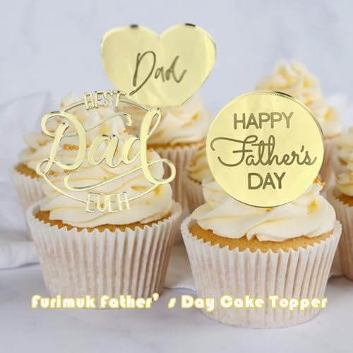 Furimuk 18 Pcs Happy Father's Day Acrylic Cupcake Toppers Heart Mirror Engraved Cake Topper Cupcake Decorations for Father's Day