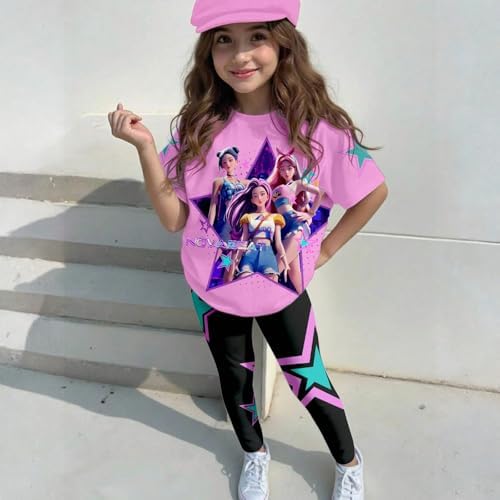 K-pop HUNTR/X T-Shirt+Pants Hunter Print Outfits Set for Unisex Kids Cartoon Adventure Y2K Short Sleeve Costume Sets