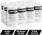 Professional Jumbo Kitchen Paper Towels - 2-Ply, Absorbent, 250 Sheets per Roll, 12-Pack, White for Cleaning & Drying