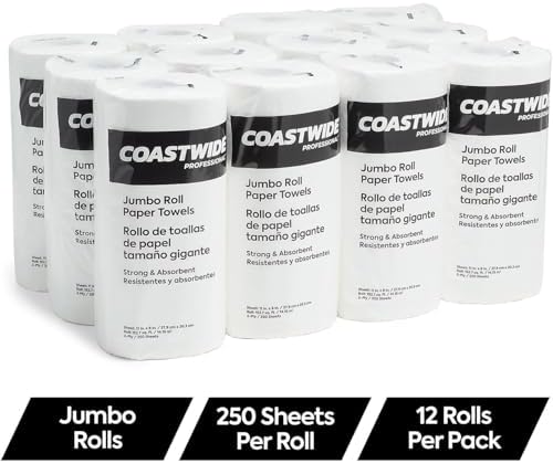 Professional Jumbo Kitchen Paper Towels - 2-Ply, Absorbent, 250 Sheets per Roll, 12-Pack, White for Cleaning & Drying