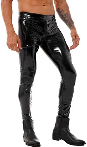 FEESHOW Mens Shiny Leather Zipper Crotch Jeans Pants Tights Long Leggings Trousers Clubwear