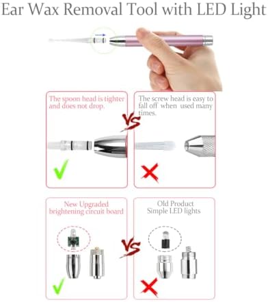 Ear Pick，Ear Wax Removal Tool，LED Lights Ear Cleaning Kit，Updated Version、Non-Slip，Soft Safety Spoon Head，Replaceable and Easy to Clean，Safe Material