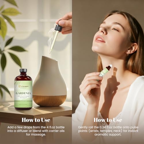 Gardenia Essential Oil (4 fl.oz Bottle + 0.34 fl.oz Roll-On) — Gardenia Oils for Aromatherapy, Diffusers, Humidifiers, Home fragrances, DIY Skincare, Candle, Soap Making, Relaxation,