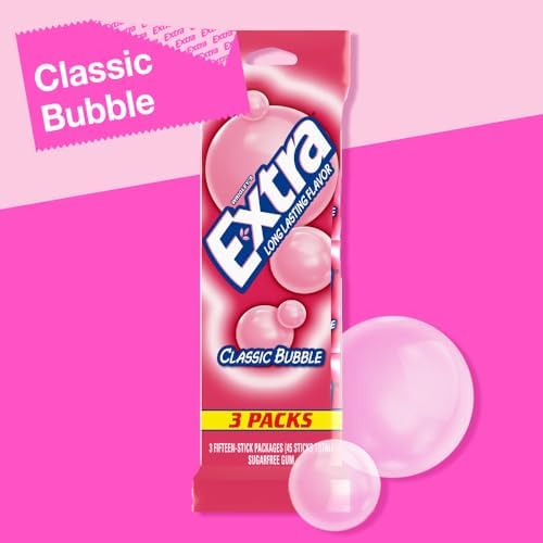 EXTRA Classic Bubble Sugar Free Chewing Gum, 15 Sticks (3 Pack)