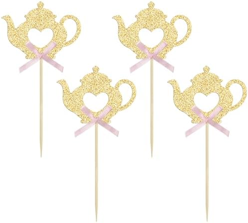 Ephlyn 24Pcs Teapot Cupcake Toppers Bow Floral Tea Time Cupcake Picks Afternoon Tea Party Decorations for Tea Party Theme Baby Shower Wedding Birthday Party Cake Decorations Supplies Pink