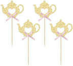 Ephlyn 24Pcs Teapot Cupcake Toppers Bow Floral Tea Time Cupcake Picks Afternoon Tea Party Decorations for Tea Party Theme Baby Shower Wedding Birthday Party Cake Decorations Supplies Pink