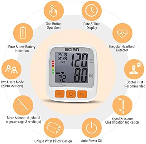 SCIAN Wrist Blood Pressure Cuff, Blood Pressure Wrist Cuff with Adjustable Wrist Cuff & Large LCD Display 2 Users 180 Memory for Doctor & Home Use