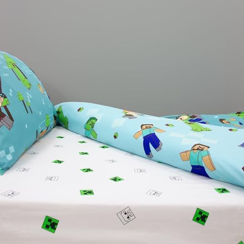 Minecraft Official Single Fitted Sheet | Grids Design | Designed for Single Bed | Soft Polyester with Elastic Edge | Perfect for Nursery | Green and White