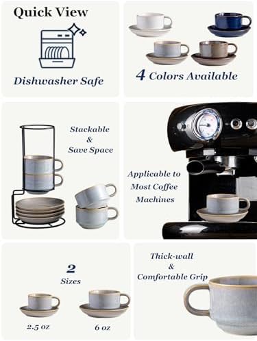 Gomakren 6 Ounce Cappuccino Cups with Saucers and Metal Stand, Stackable Coffee Cup Set of 4, Porcelain Espresso Cups for Coffee Drinks, Cappuccino, Latte, Americano, Tea, Gray