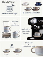 Gomakren 6 Ounce Cappuccino Cups with Saucers and Metal Stand, Stackable Coffee Cup Set of 4, Porcelain Espresso Cups for Coffee Drinks, Cappuccino, Latte, Americano, Tea, Gray
