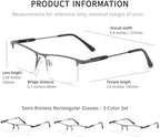 3 Pack Blue Light Reading Glasses for Men & Women, Semi-Rimless Lightweight Metal Readers, Spring Hinge Eyeglasses