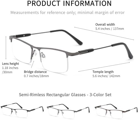 3 Pack Blue Light Reading Glasses for Men & Women, Semi-Rimless Lightweight Metal Readers, Spring Hinge Eyeglasses
