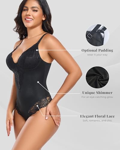 TROPICA LOVE Shimmer Lace Bodysuit for Women Thong Tummy Control V-Neck Sexy Shapewear Top