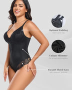 TROPICA LOVE Shimmer Lace Bodysuit for Women Thong Tummy Control V-Neck Sexy Shapewear Top