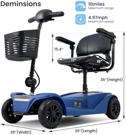 WayCare 15-25 Miles Long Range Mobility Scooter, Wheelchair Device, Powered Mobility Scooters for Seniors, Adults, Compact Duty Mobile for Travel with LED Headlight and Detachable Basket (Blue)