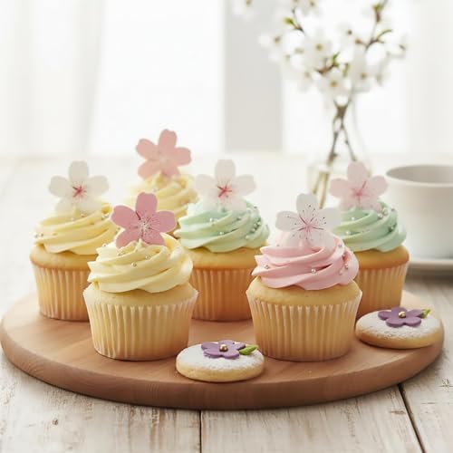 90Pcs Flowers Cake Topper Wafer Paper Cupcake Toppers Pink Floral Cherry Blossom Cake Decorations for Cupcakes Birthday Party Wedding Supplies