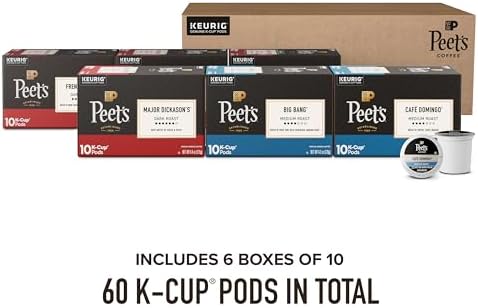 Peet's Coffee, Keurig K-Cup Pods Variety Pack, 100% Arabica Coffee - Major Dickason's Blend, Big Bang, French Roast, Café Domingo, Organic Alma De La Tierra, House Blend, 60 CT (6 Boxes of 10 Pods)