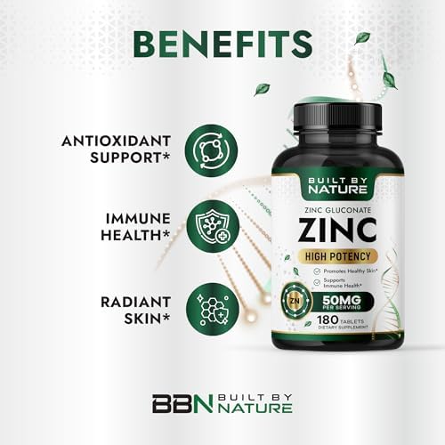 Built By Nature Zinc 50 mg – Zinc Gluconate for Highly-Absorbable Immune & Antioxidant Support – Promotes Skin, Eye & Immune Health – Non-GMO, Gluten-Free – 180 Tablets