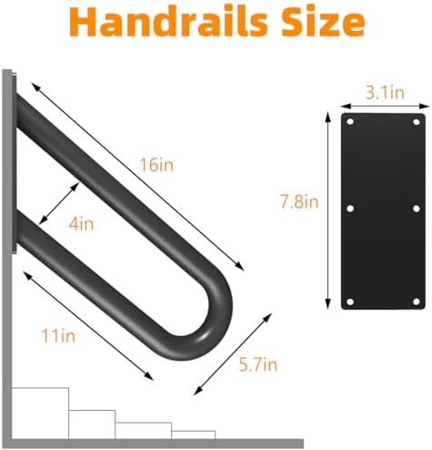 Hand Rails for Outdoor Steps Stair Railing Indoor Rail Metal Heavy Duty Non-Slip 1-3 Step Wall Mount Grab Bars U-Shape Safety Handle Garage Porch Courtyard Doorways 16 INCH Garden