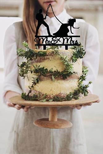 YzYbuaego Fishing Wedding Cake Topper, Black Mr & Mrs Cake Topper, Fishing Theme Wedding/Engagement/Bridal Shower Decoration (Couple)