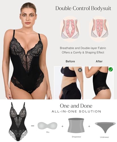 Popilush Shapewear Bodysuits for Women Lace Corset Tops Tummy Control V Neck Sleeveless Body Suit Thongs