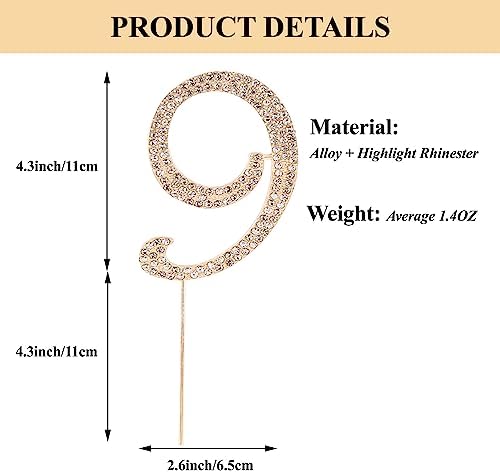 Birthday Cake Topper Number, Bling Gold Rhinestone Large Number 0-9 Happy Birthday Cake Topper for Birthday Anniversary Party Decoration, 9