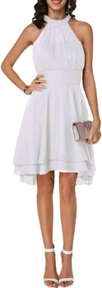 Women's Dress Elegant Halter Sleeveless Cropped Layered Midi Dress Summer Chiffon Solid Color High Waist Slim-Fit Party Dresses (White,XL)