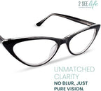 2SeeLife Small Cat Eye Reading Glasses for Women – Narrow-Medium Fit, Sturdy Frame, Spring Hinges, Premium Funky Readers, Black, +2.25
