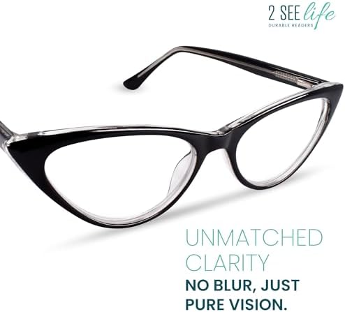2SeeLife Small Cat Eye Reading Glasses for Women – Narrow-Medium Fit, Sturdy Frame, Spring Hinges, Premium Funky Readers, Black, +2.25