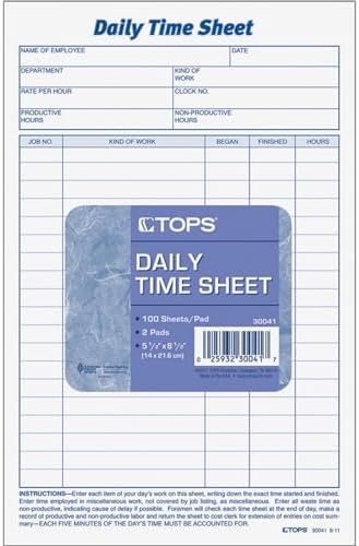 TOPS® Daily Time Sheet Forms, 9.5" x 6", Black/White, 100 Sheets Per Pad, 2 Pads Per Pack