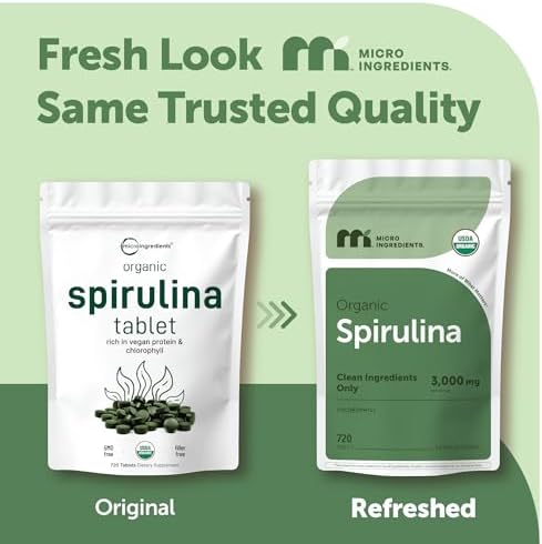 Micro Ingredients Organic Spirulina Supplement, 720 Tablets (4 Month Supply), No Filler & Non-GMO, Rich in Vegan Protein, Vitamins & Prebiotics, Premium Spirulina Pills