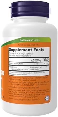 NOW Foods Supplements, Pau D'Arco (Tabebuia heptaphylla) 500 mg, Herbal Support, 100 Veg Capsules