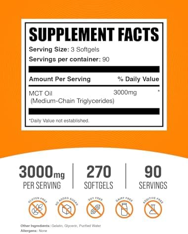 BulkSupplements.com MCT Oil Softgels - Medium Chain Triglyceride, MCT Supplement, MCT Oil 3000mg - for Energy Support, Gluten Free, 3 Softgels per Serving, 270 Count (Pack of 1)