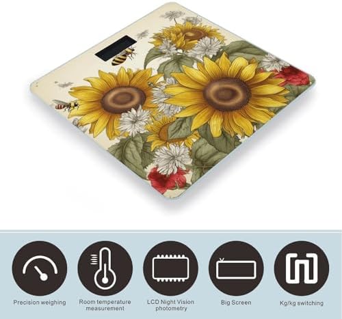 Bees Sunflowers Daisy Rose Flowers Bathroom Scale for Body Weight LCD Display Digital Bathroom Scale Tempered Glass Bathroom Weight Scales Fashion Smart Scales for Home Bedroom 400 Lb