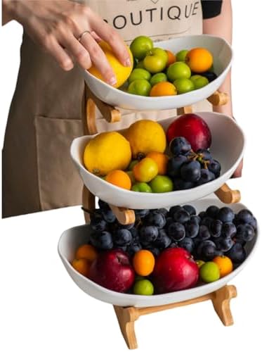 YWHWXB Multi-Layer Fruit Bowl with Natural Bamboo Rack,Plastic Wooden Frame Candy Plate,Large Capacity Snack Bowl Set,Bamboo Food Serving Tray for Kitchen Counter (White, Triple Layer)