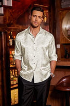 COOFANDY Men's Silk Satin Dress Shirts Jacquard Long Sleeve Floral Button Up Shirts Party Prom Wedding Shirt