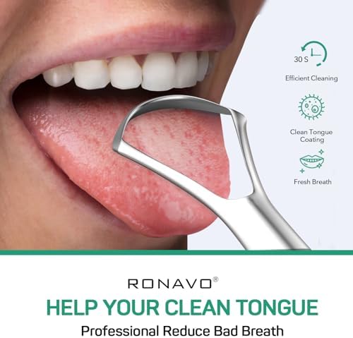 RONAVO Tongue Scraper Cleaner for Adults and Kids, Oral Hygiene, Oral Health, Improve Taste, No Smell, No Rust, 2 Colors (4 Pack)