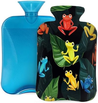 Hot Water Bottle with Cover, Colorful Frogs Green Leave 2L Hot Water Bag for Hot/Cold Compress, Hand Feet Warmer, Menstrual Cramps, Neck and Shoulder Pain Relief